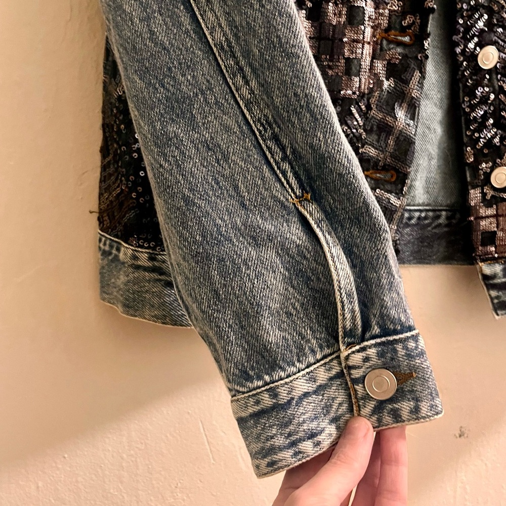 nwt ๐ denim moto jacket with abstract plaid sequins - Picture 11 of 16